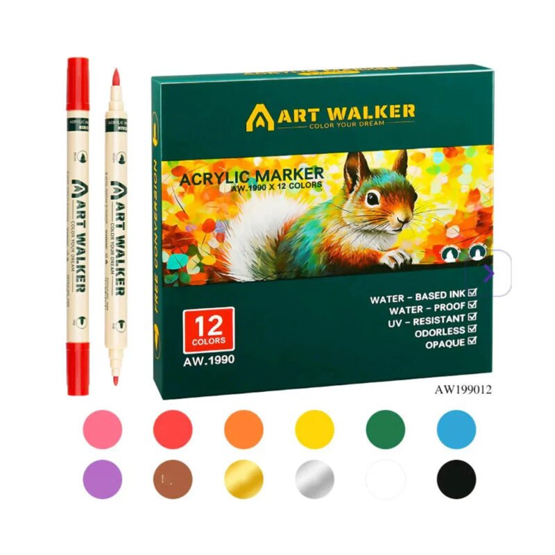 Art Walker Acrylic Marker Set – 12 Colors Dual Tip Permanent Paint Pens for Canvas, Wood, Stone and Craft Projects