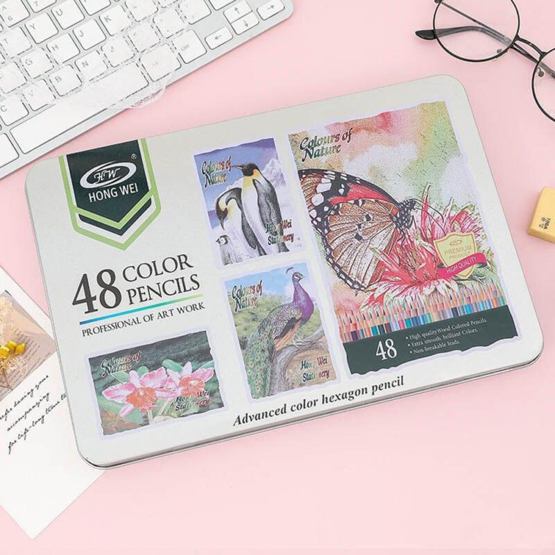 Hong Wei 48 Premium Colour Pencils Set –  For Art, Sketching & Drawing (Metal Box)