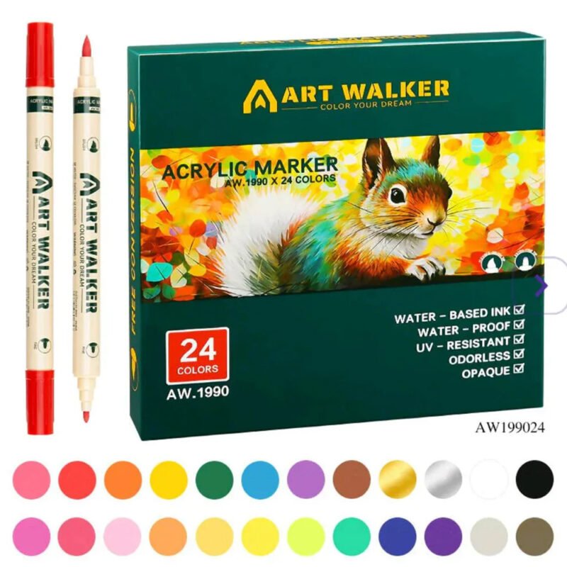 Art Walker Acrylic Marker Set 24 Colors – Dual Tip Waterproof Paint Pens for Multi-Surface Art and Craft