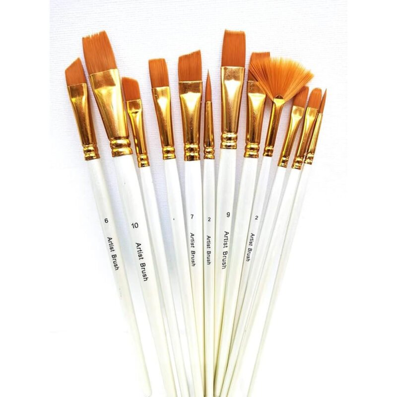 12-Piece Artist Paint Brush Set – Flat, Round, Angular and Fan Brushes for Acrylic, Watercolour and Oil Painting