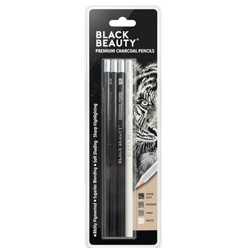 Black Beauty Premium Charcoal Pencil Set (Pack of 4) – Super Soft, Medium, Hard & White Pencils for Drawing, Sketching & Shading