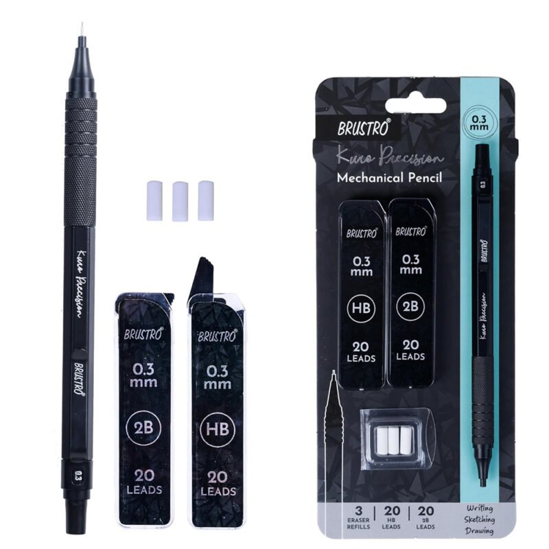 Brustro Kuro 0.3mm Precision Mechanical Pencil Set with HB & 2B Leads – Fine Detail Drawing Pencil for Sketching, Mandala Art & Technical Drafting