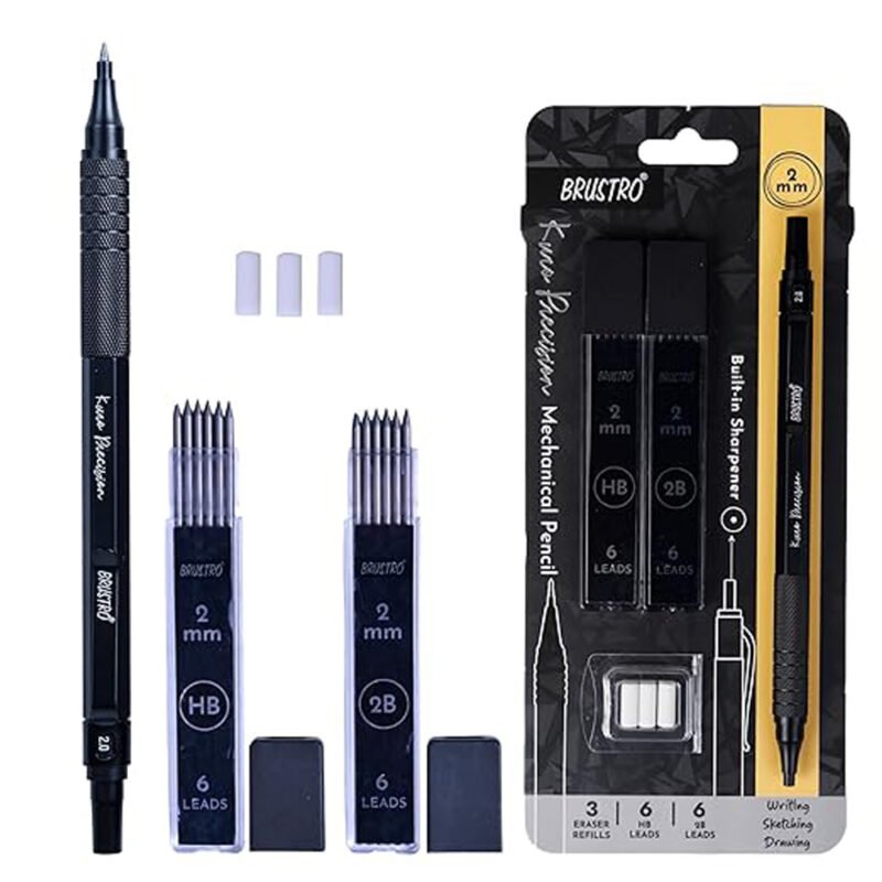 Brustro Kuro 2mm Mechanical Pencil Set with Built-in Sharpener, HB & 2B Leads – Heavy Duty Sketching & Drafting Clutch Pencil for Artists & Professionals