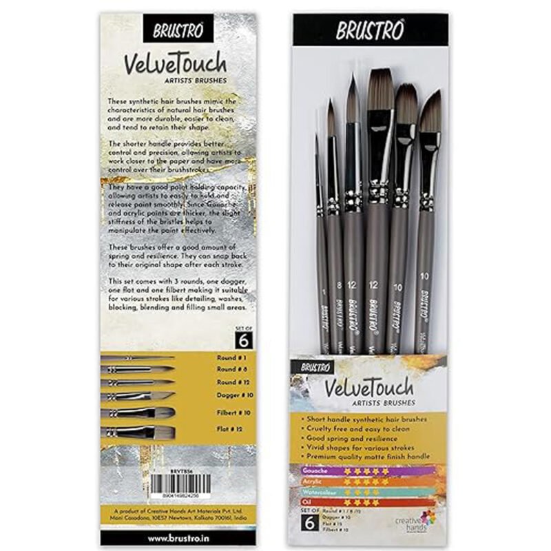 Brustro VelveTouch Artist Paint Brushes Set of 6 – Premium Soft Brushes for Acrylic, Watercolor & Oil Painting