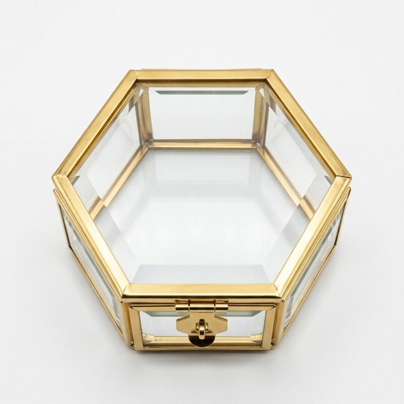 Hexagon Glass Ring Box Set (Pack of 2) – Gold Frame Transparent Jewellery Box for Engagement, Wedding, Proposal & Gifting
