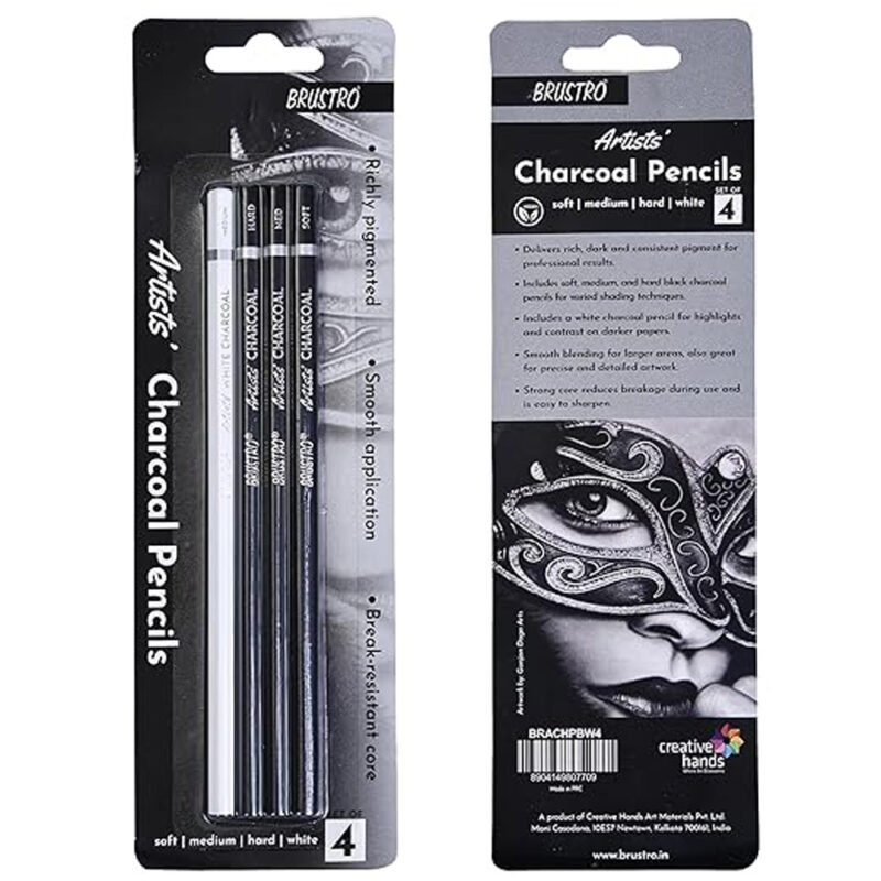 Brustro Charcoal Pencil Set of 4 – Professional Drawing & Sketching Pencils for Artists