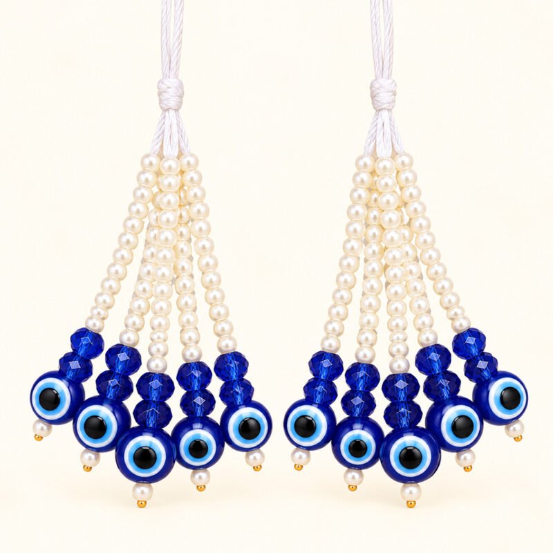 Blue Evil Eye & Pearl Beaded Latkan – Pair